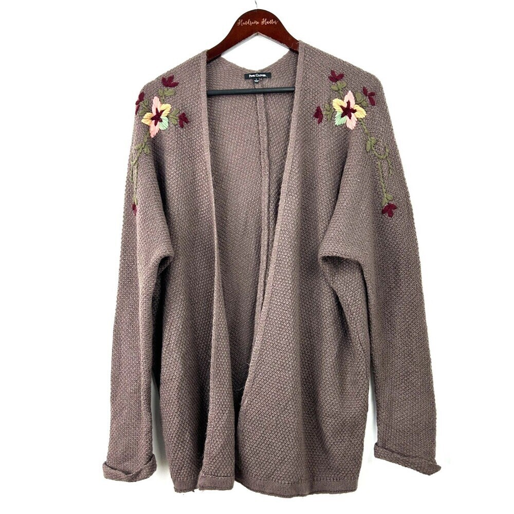 Pink Clover Womens Open Front Mauve Embroidered Floral Cardigan Size L 1251H4